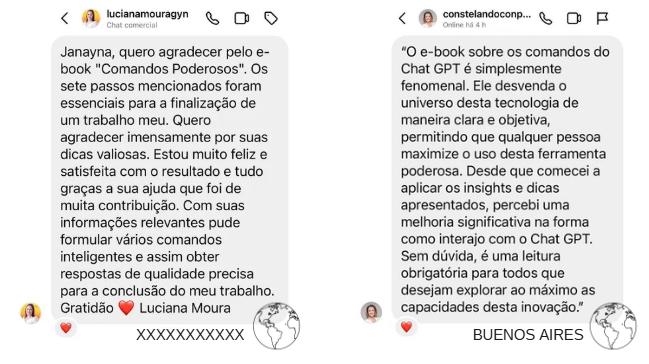 Mensagens de Luciana Moura e de outra aluna sobre o e-book Comandos Poderosos