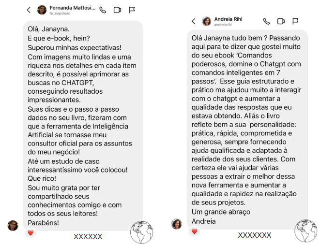Mensagens de Fernanda Mattosi e Andreia Rihl sobre o e-book Comandos Poderosos