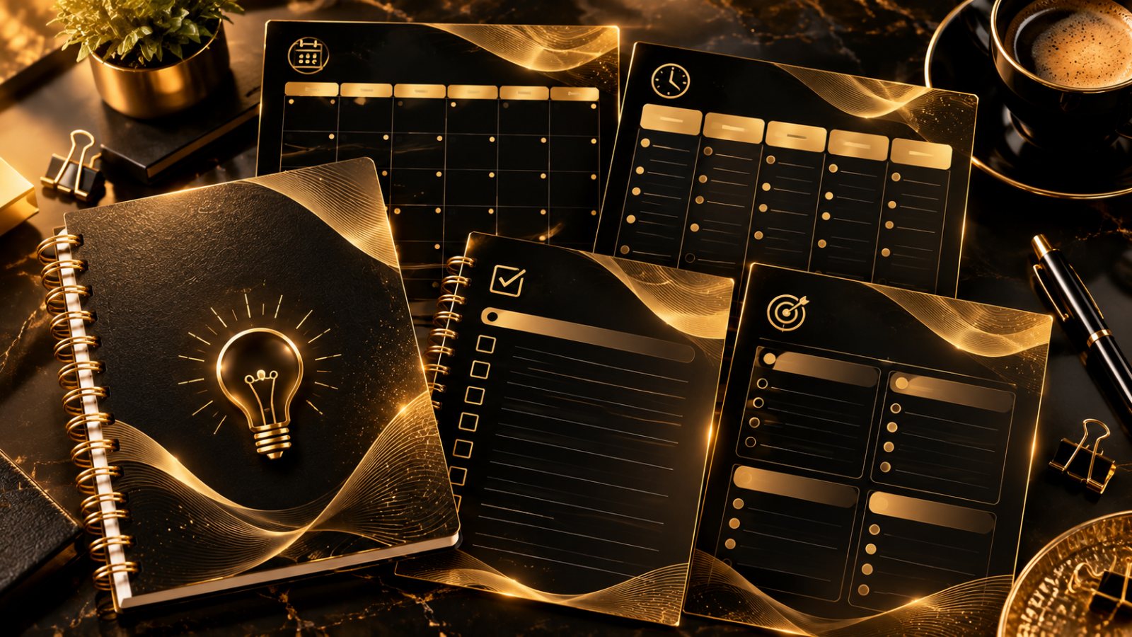 Cadernos, calendários, planner e checklist dos bônus do combo